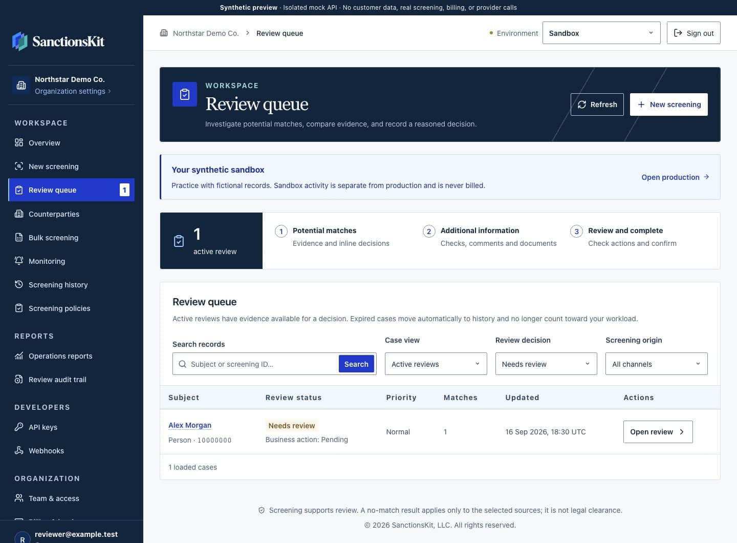 SanctionsKit review queue displaying a fictional sandbox investigation with review filters, status and assignment controls.