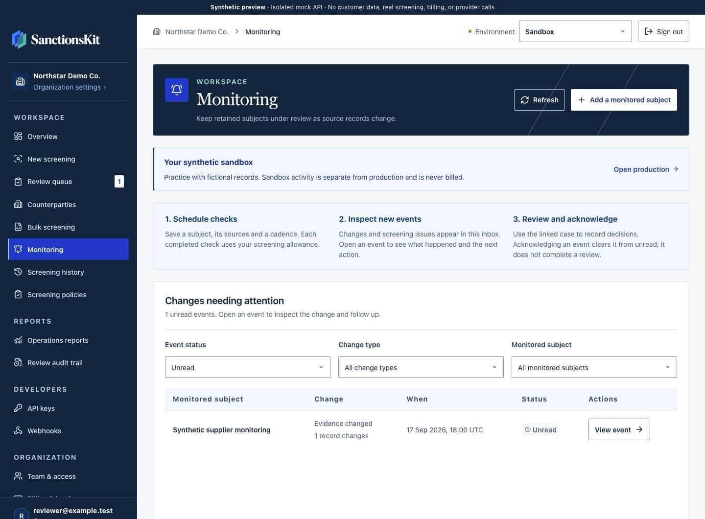 SanctionsKit monitoring dashboard showing a fictional changed-evidence event, status filters and a view-event action.